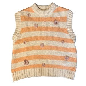 Zara Orange and Cream Striped Knit Sweater Vest with Flower Embroidery